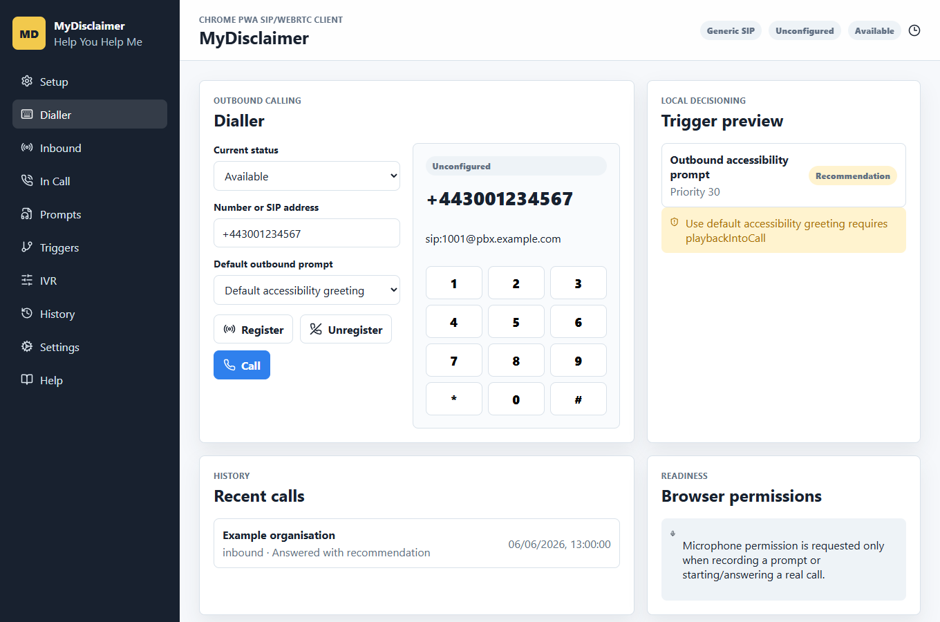 Current MyDisclaimer prototype showing the browser dialler, a trigger recommendation, recent call history and browser permission guidance.
